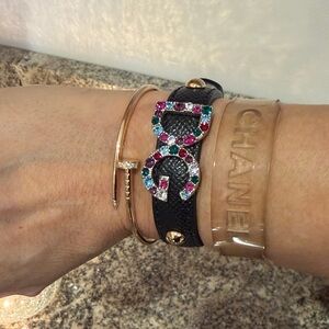 Dolce & Gabbana Crystal DG Logo Black Leather Bracelet